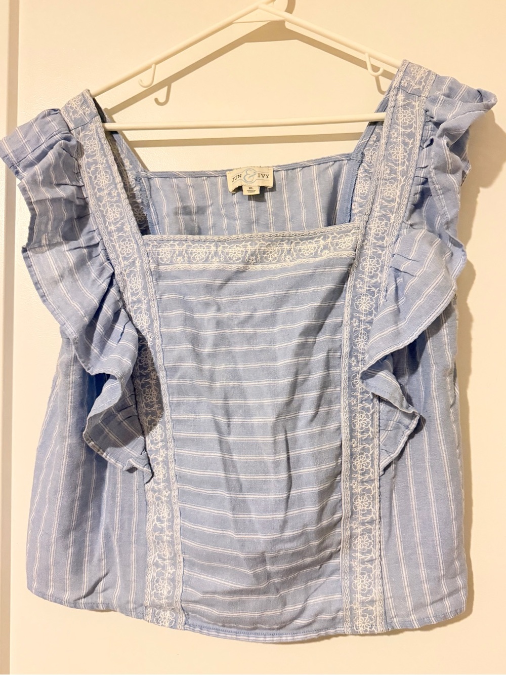 Sanctuary Light Blue Striped Ruffle Square-Neck Tank XL